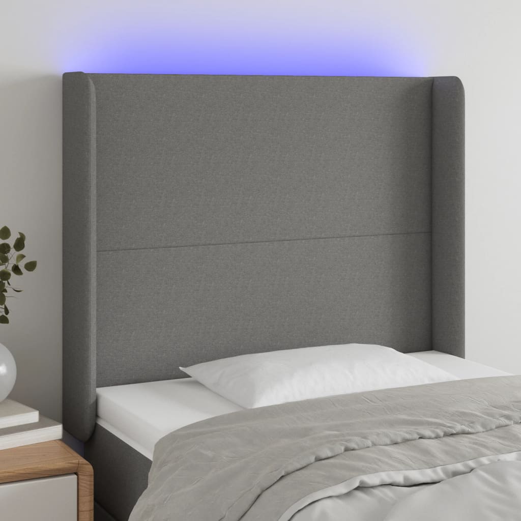 vidaXL Zagłówek do łóżka z LED, ciemnoszary, 93x16x118/128 cm, tkanina