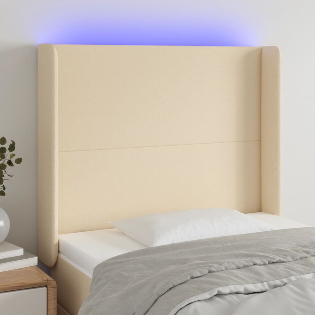 vidaXL Zagłówek do łóżka z LED, kremowy, 103x16x118/128 cm, tkanina