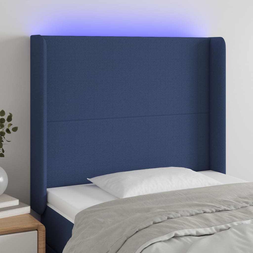 vidaXL Zagłówek do łóżka z LED, niebieski, 103x16x118/128 cm, tkanina