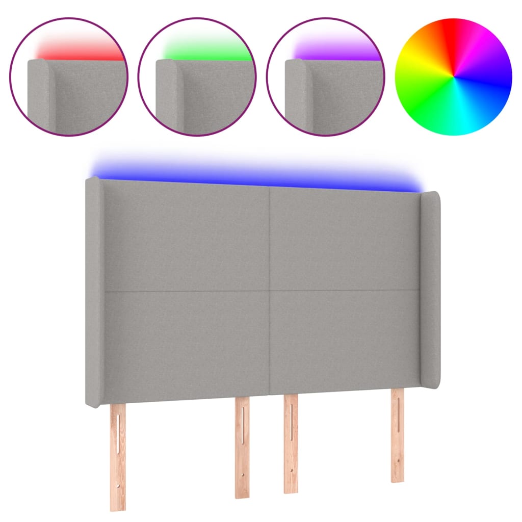 vidaXL Zagłówek do łóżka z LED, jasnoszary, 147x16x118/128 cm, tkanina