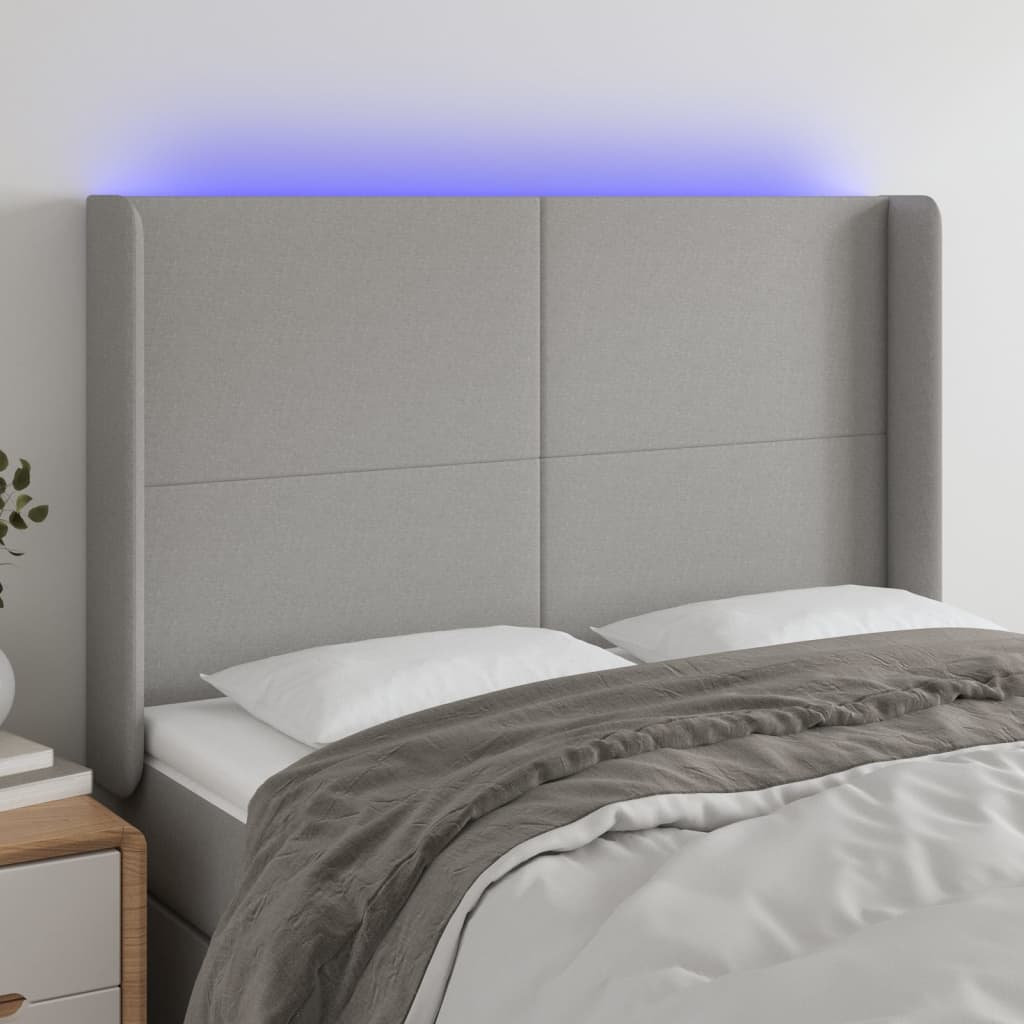 vidaXL Zagłówek do łóżka z LED, jasnoszary, 147x16x118/128 cm, tkanina