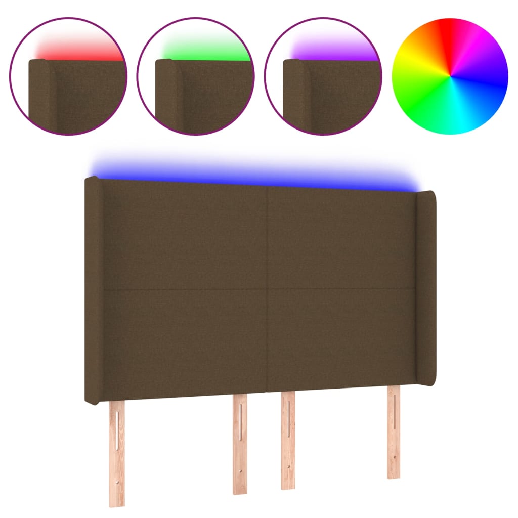 vidaXL Zagłówek do łóżka z LED ciemnobrązowy 147x16x118/128 cm tkanina