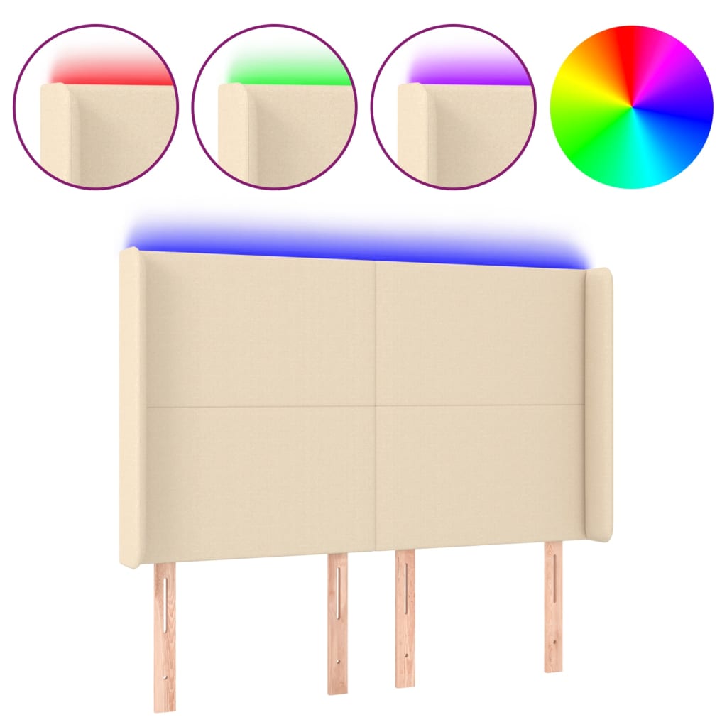 vidaXL Zagłówek do łóżka z LED, kremowy, 147x16x118/128 cm, tkanina