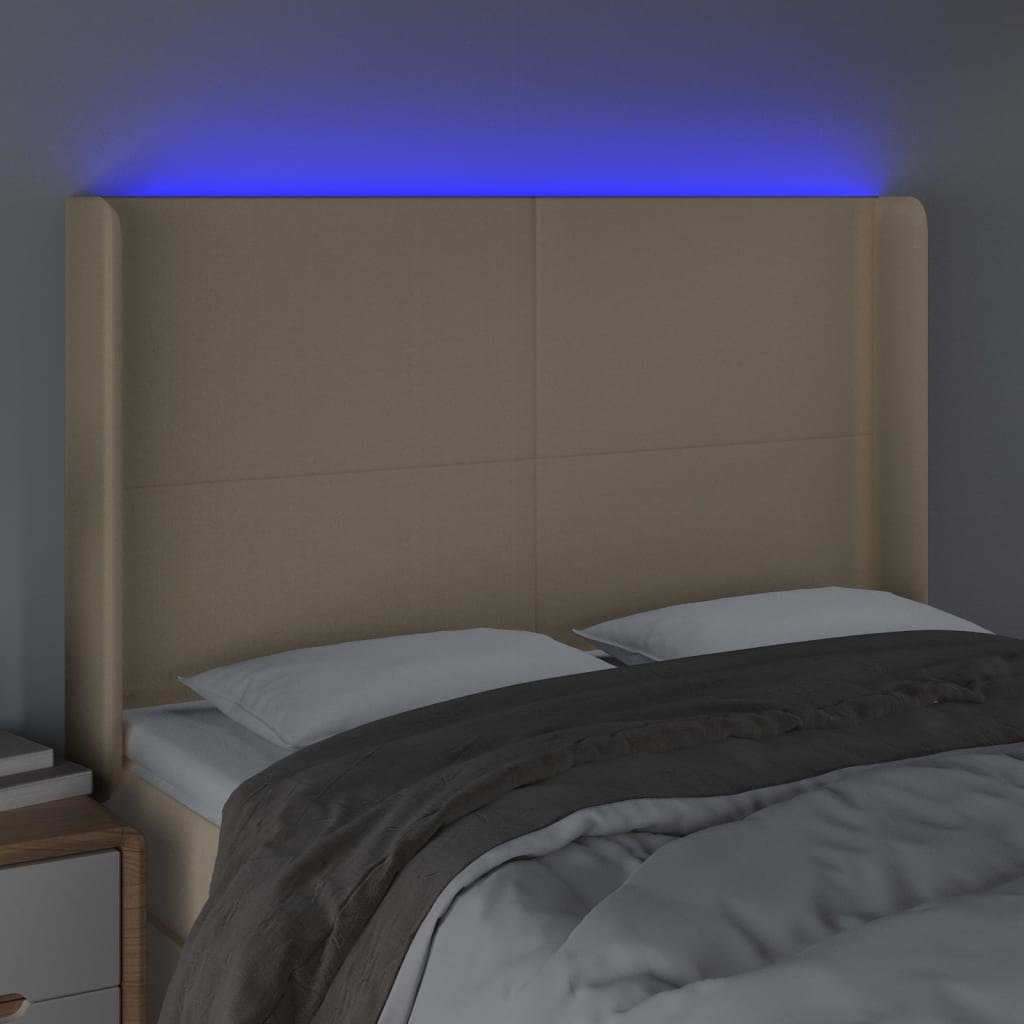 vidaXL Zagłówek do łóżka z LED, kremowy, 147x16x118/128 cm, tkanina