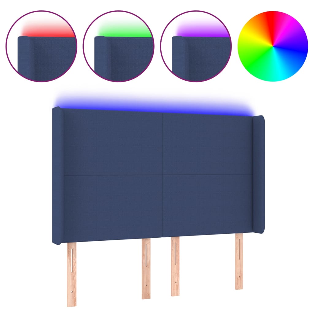 vidaXL Zagłówek do łóżka z LED, niebieski, 147x16x118/128 cm, tkanina