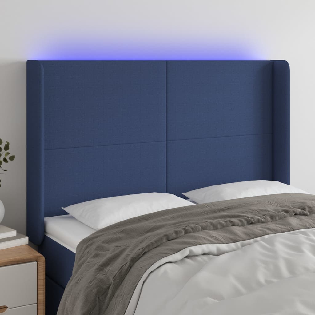 vidaXL Zagłówek do łóżka z LED, niebieski, 147x16x118/128 cm, tkanina