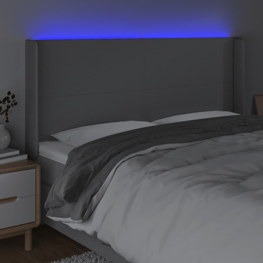 vidaXL Zagłówek do łóżka z LED, jasnoszary, 163x16x118/128 cm, tkanina