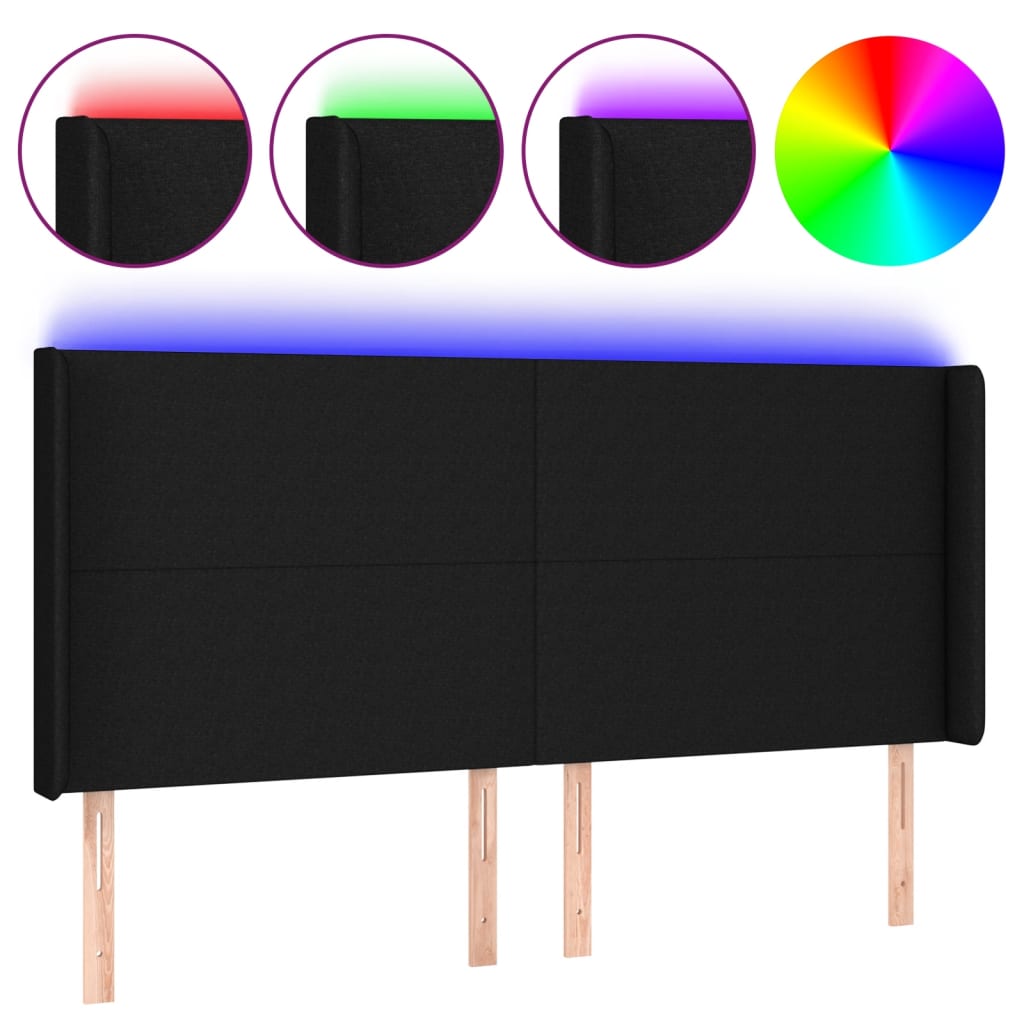 vidaXL Zagłówek do łóżka z LED, czarny, 163x16x118/128 cm, tkanina