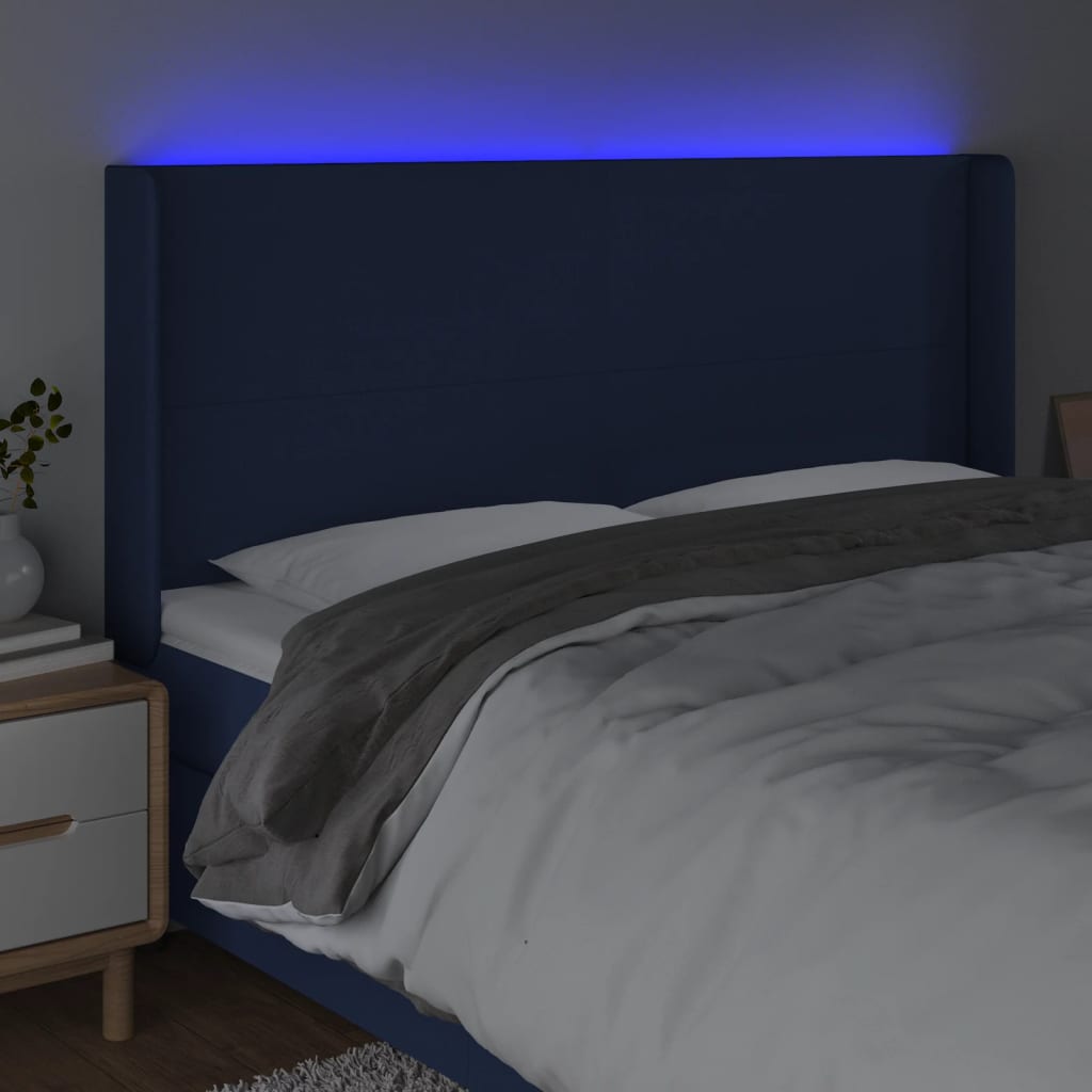 vidaXL Zagłówek do łóżka z LED, niebieski, 183x16x118/128 cm, tkanina