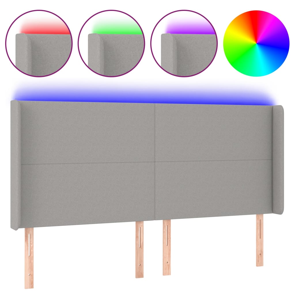 vidaXL Zagłówek do łóżka z LED, jasnoszary, 203x16x118/128 cm, tkanina