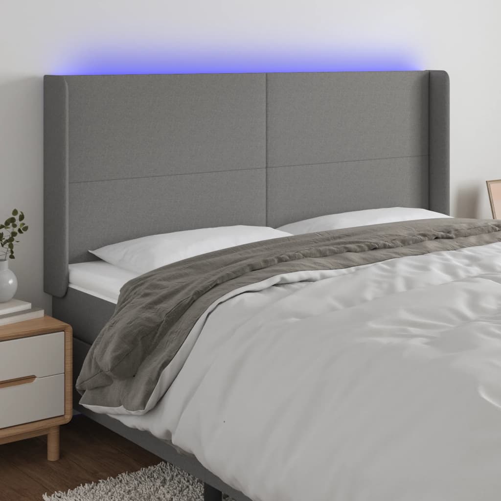 vidaXL Zagłówek do łóżka z LED, ciemnoszary, 203x16x118/128cm, tkanina