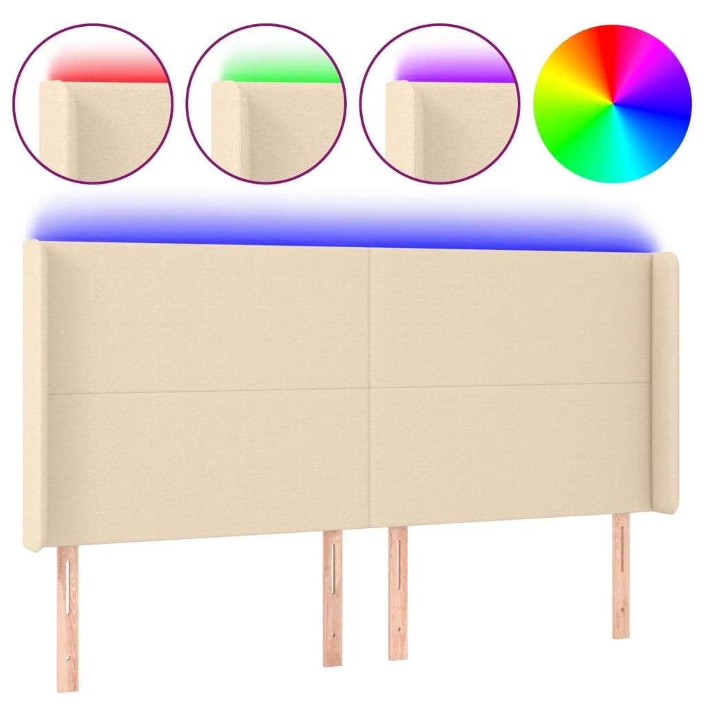 vidaXL Zagłówek do łóżka z LED, kremowy, 203x16x118/128 cm, tkanina