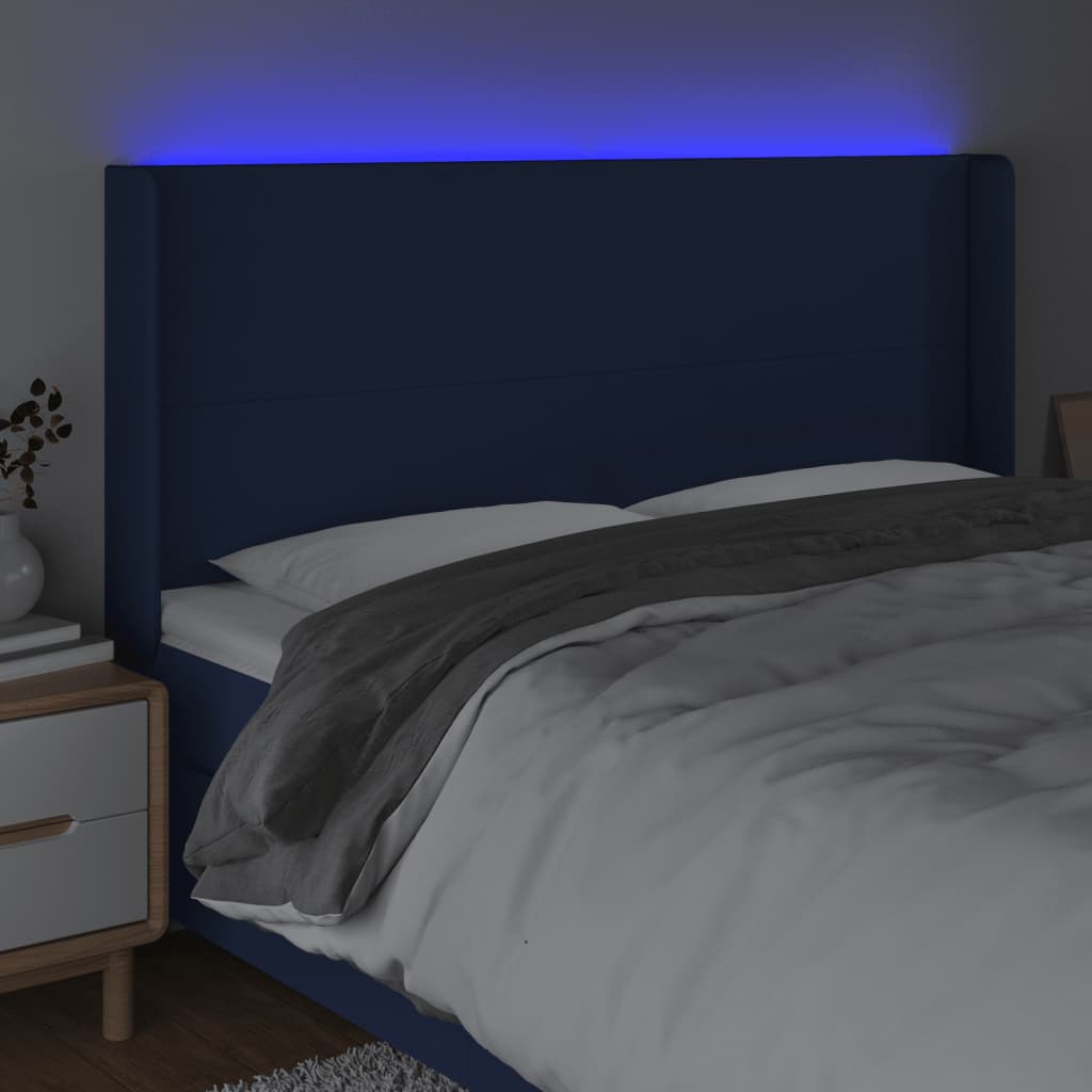 vidaXL Zagłówek do łóżka z LED, niebieski, 203x16x118/128 cm, tkanina