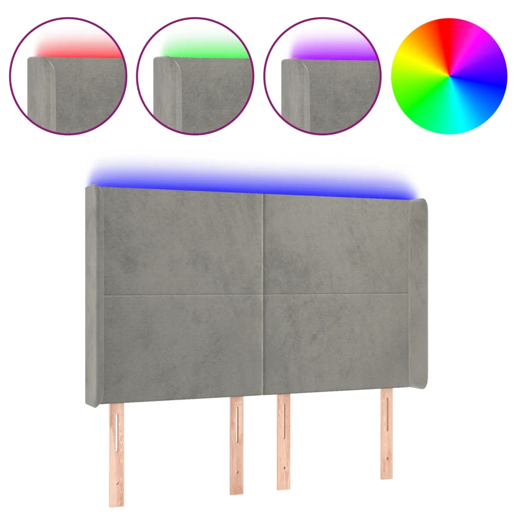 vidaXL Zagłówek do łóżka z LED, jasnoszary, 147x16x118/128 cm, aksamit