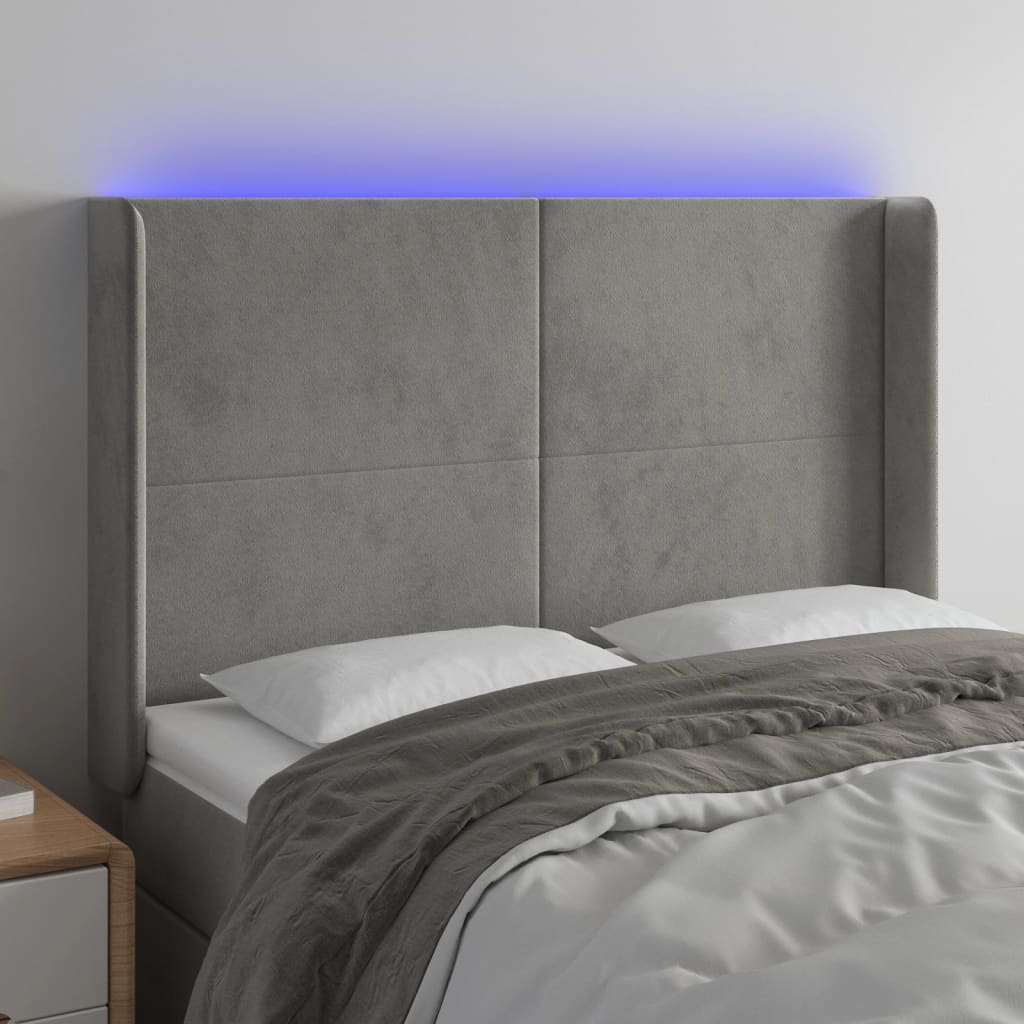 vidaXL Zagłówek do łóżka z LED, jasnoszary, 147x16x118/128 cm, aksamit