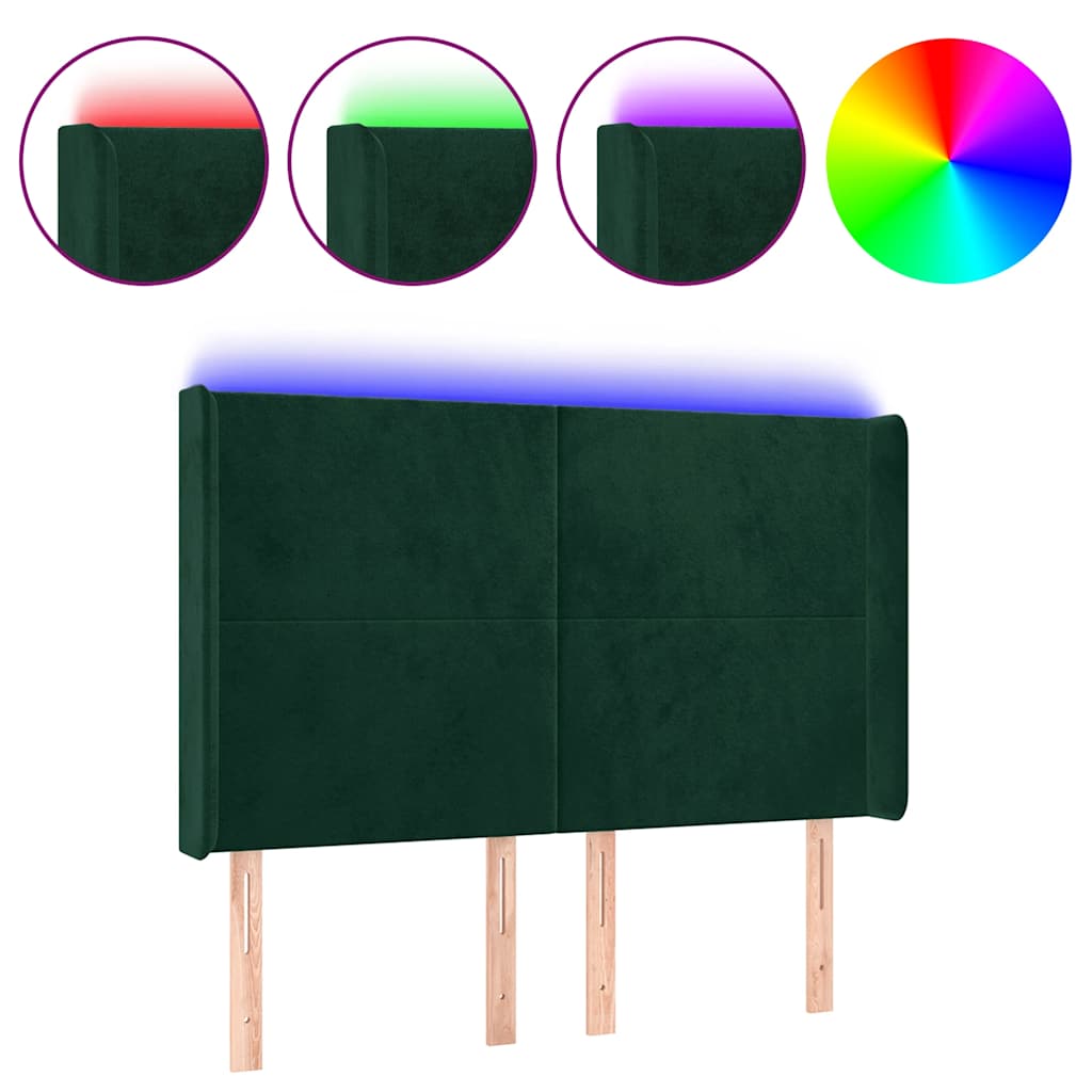 vidaXL Zagłówek do łóżka z LED, ciemnozielony 147x16x118/128cm aksamit