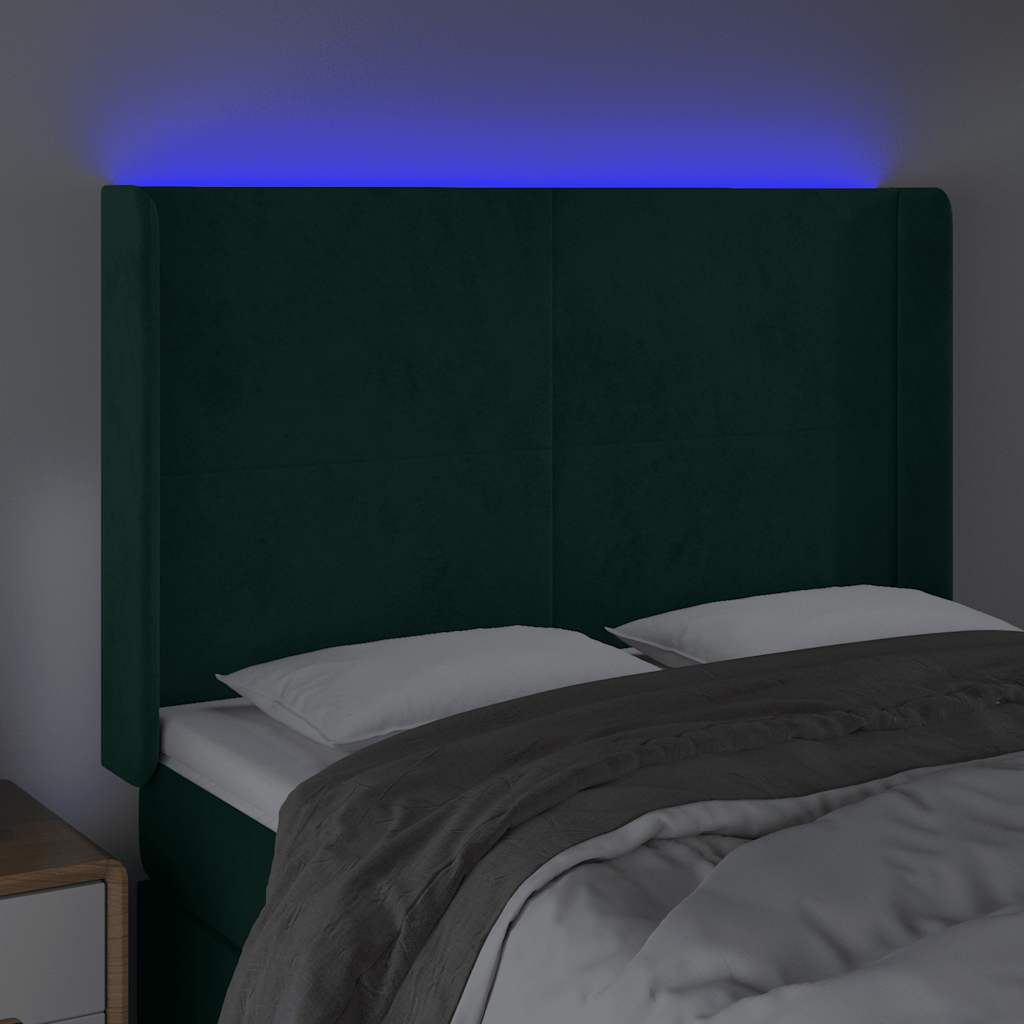 vidaXL Zagłówek do łóżka z LED, ciemnozielony 147x16x118/128cm aksamit