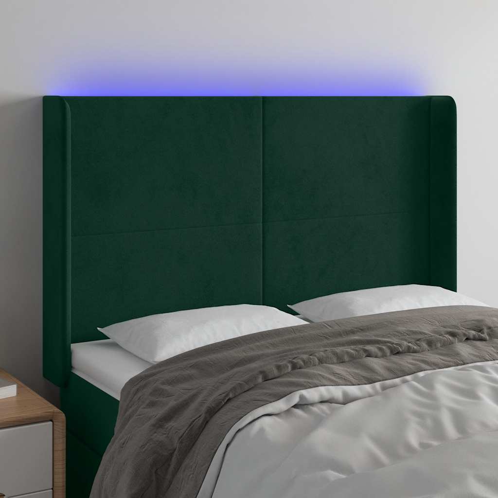 vidaXL Zagłówek do łóżka z LED, ciemnozielony 147x16x118/128cm aksamit