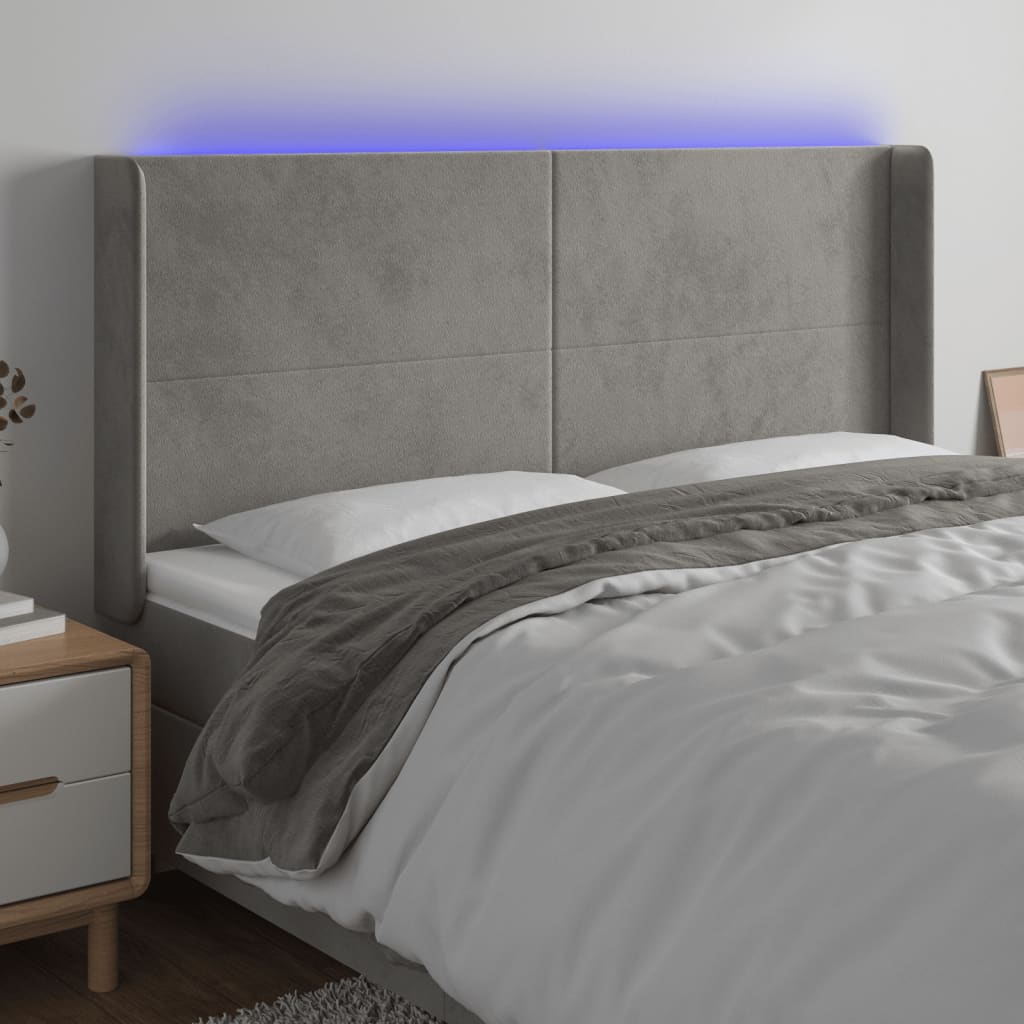 vidaXL Zagłówek do łóżka z LED, jasnoszary, 163x16x118/128 cm, aksamit