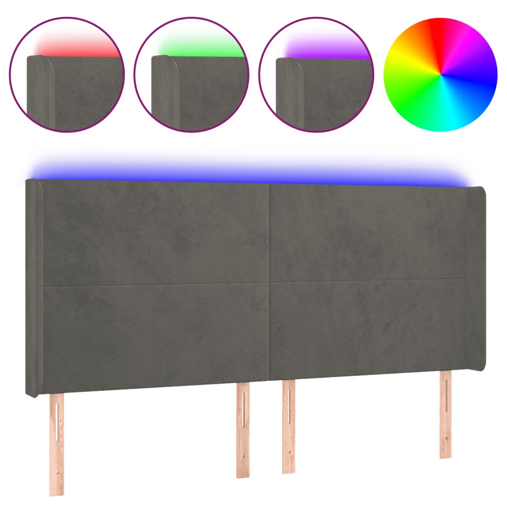 vidaXL Zagłówek do łóżka z LED, ciemnoszary, 163x16x118/128cm, aksamit