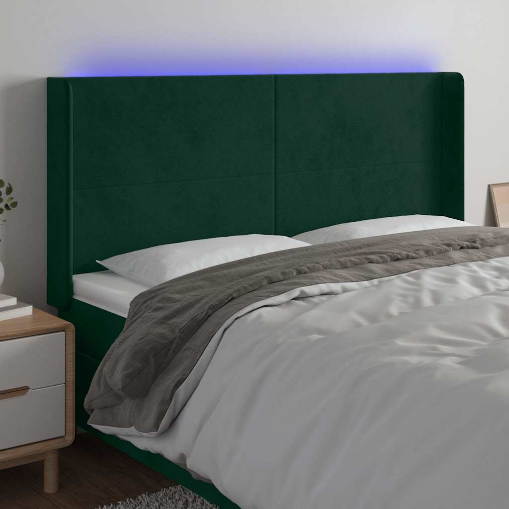 vidaXL Zagłówek do łóżka z LED, ciemnozielony 163x16x118/128cm aksamit