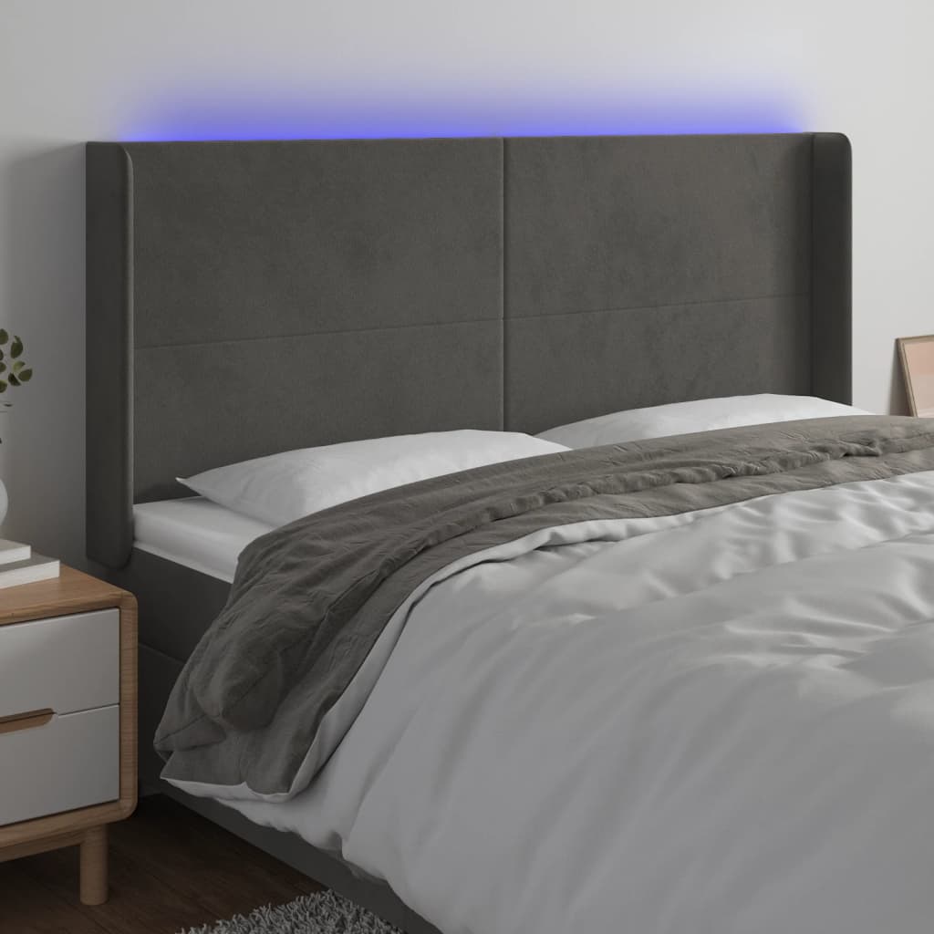 vidaXL Zagłówek do łóżka z LED, ciemnoszary, 183x16x118/128cm, aksamit