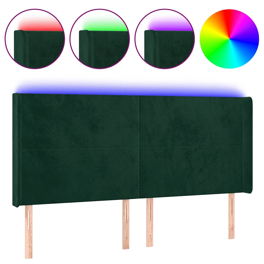 vidaXL Zagłówek do łóżka z LED, ciemnozielony 183x16x118/128cm aksamit
