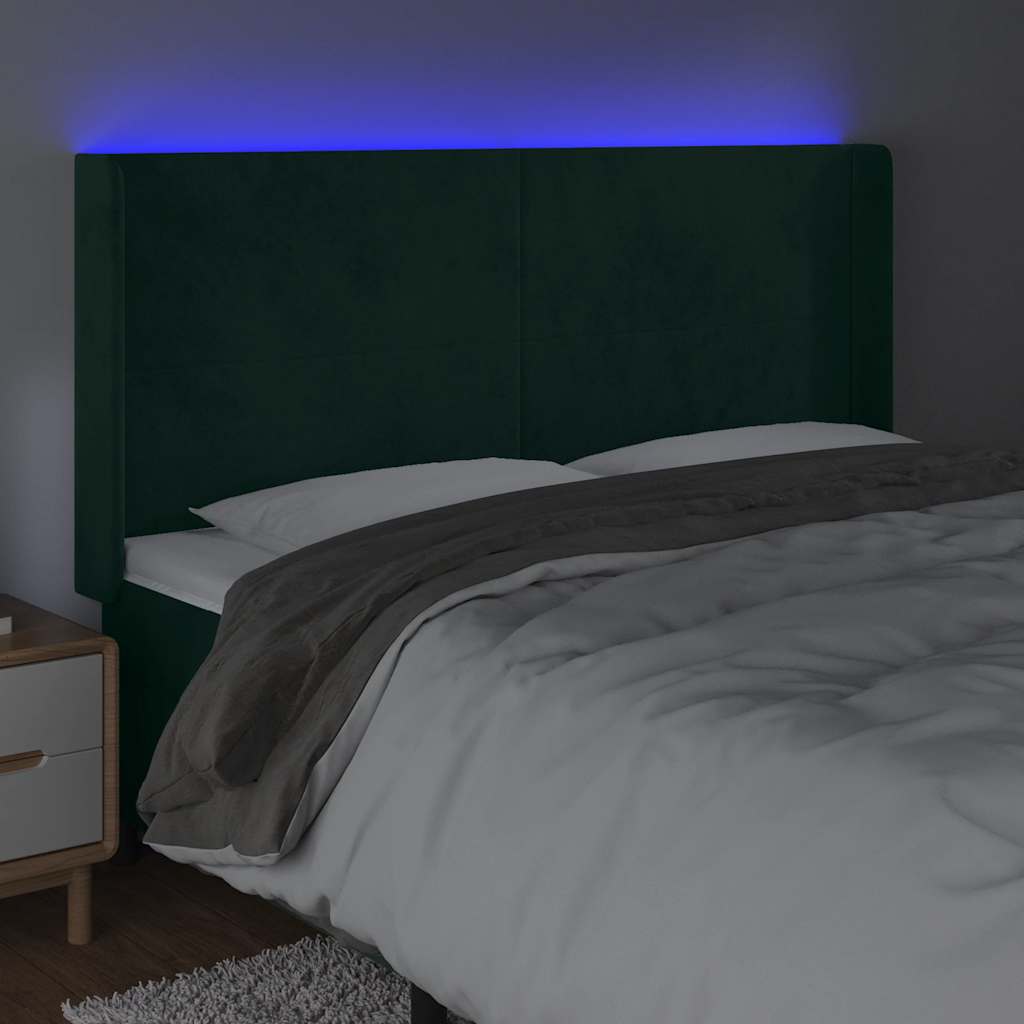 vidaXL Zagłówek do łóżka z LED, ciemnozielony 183x16x118/128cm aksamit