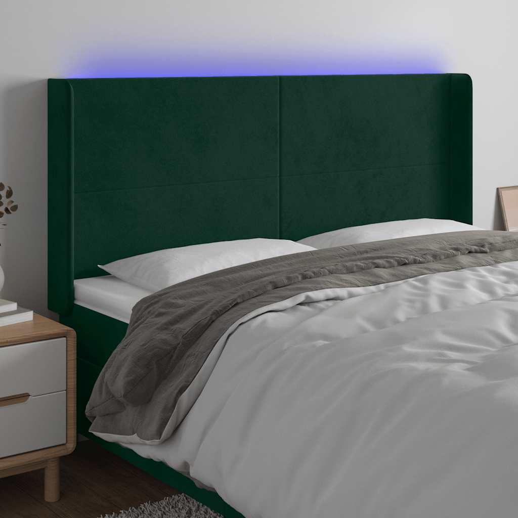vidaXL Zagłówek do łóżka z LED, ciemnozielony 183x16x118/128cm aksamit