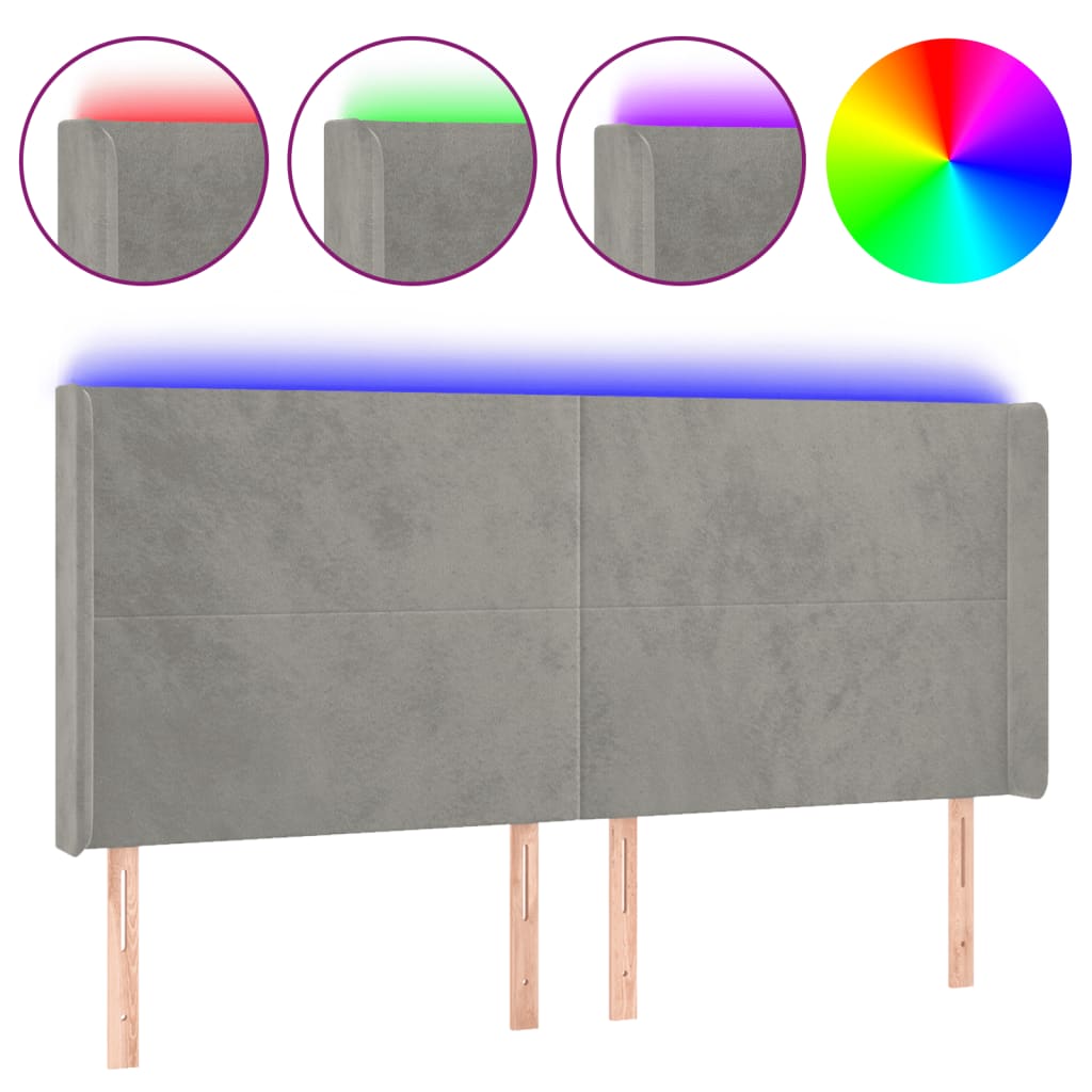 vidaXL Zagłówek do łóżka z LED, jasnoszary, 203x16x118/128 cm, aksamit