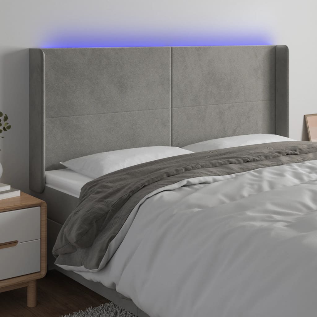 vidaXL Zagłówek do łóżka z LED, jasnoszary, 203x16x118/128 cm, aksamit