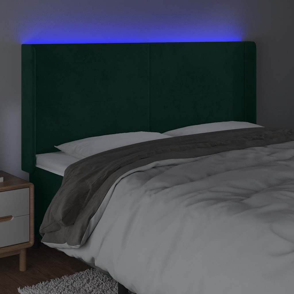 vidaXL Zagłówek do łóżka z LED, ciemnozielony 203x16x118/128cm aksamit
