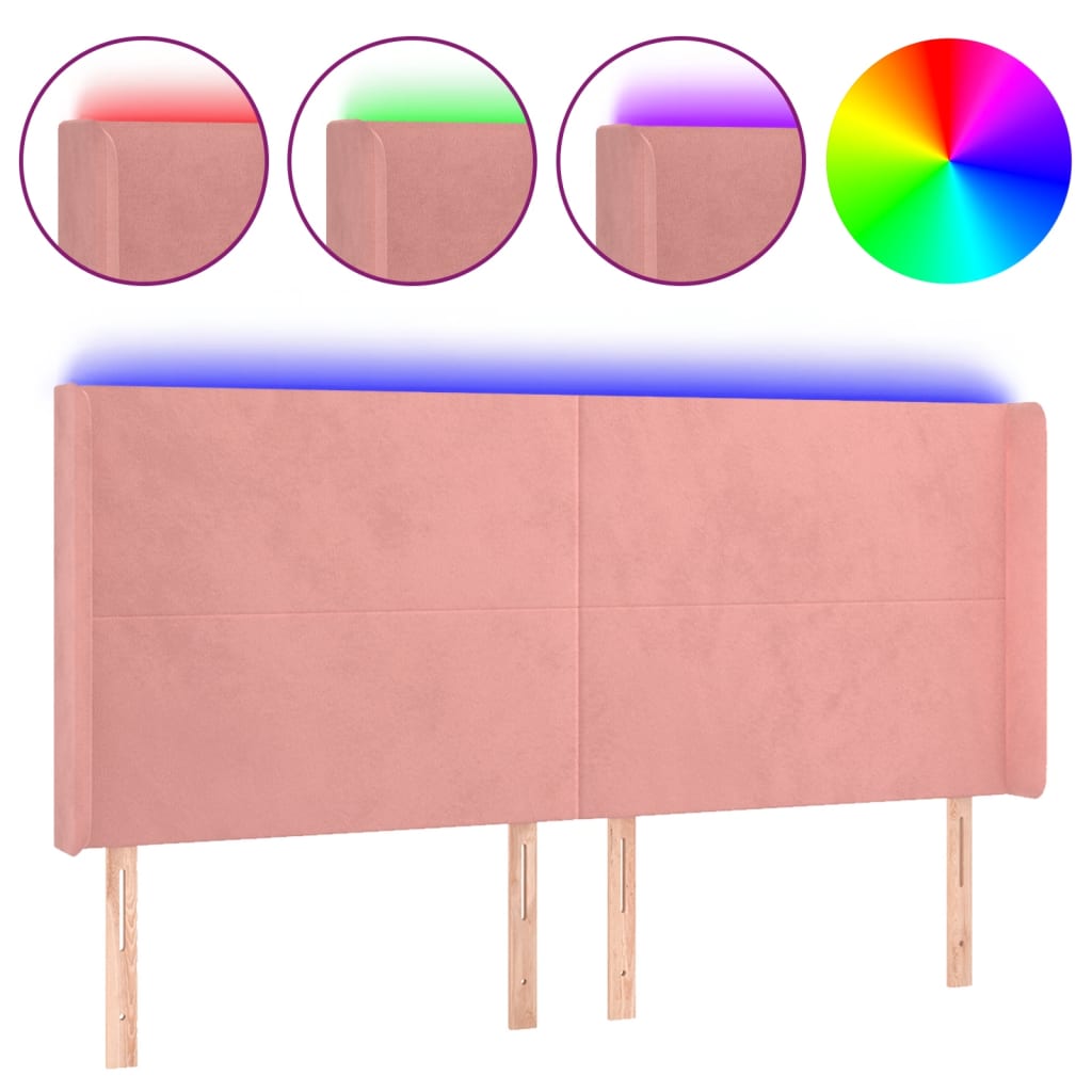vidaXL Zagłówek do łóżka z LED, różowy, 203x16x118/128 cm, aksamit