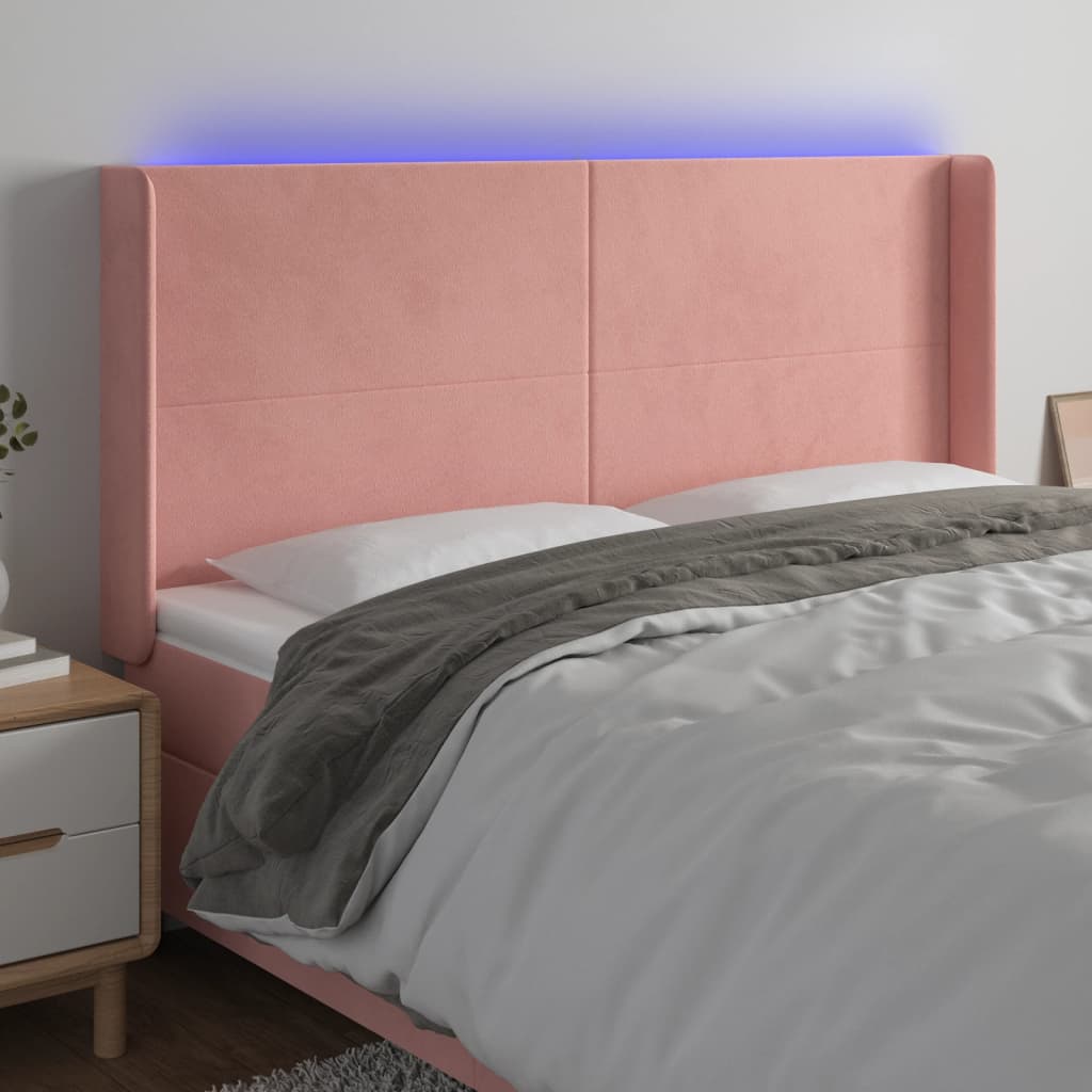 vidaXL Zagłówek do łóżka z LED, różowy, 203x16x118/128 cm, aksamit