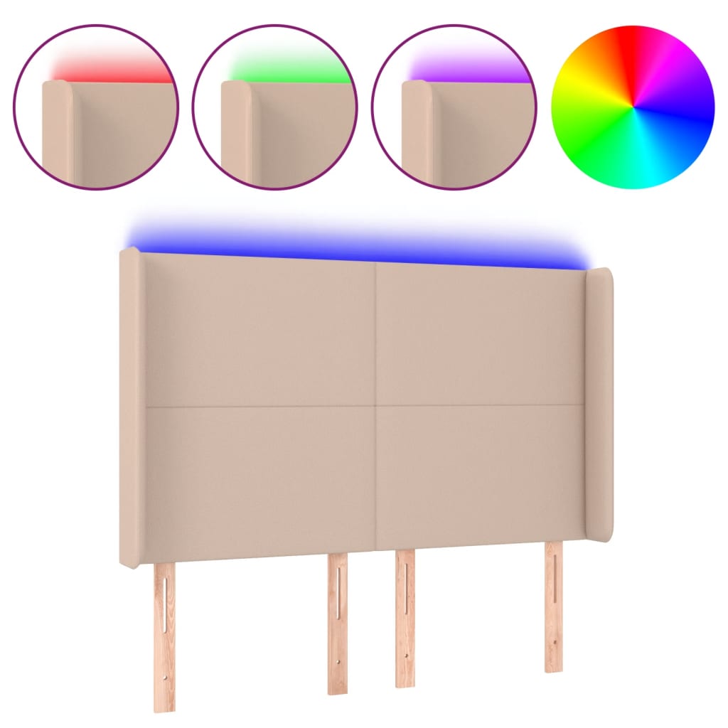 vidaXL Zagłówek do łóżka z LED, cappuccino, 147x16x118/128cm, ekoskóra