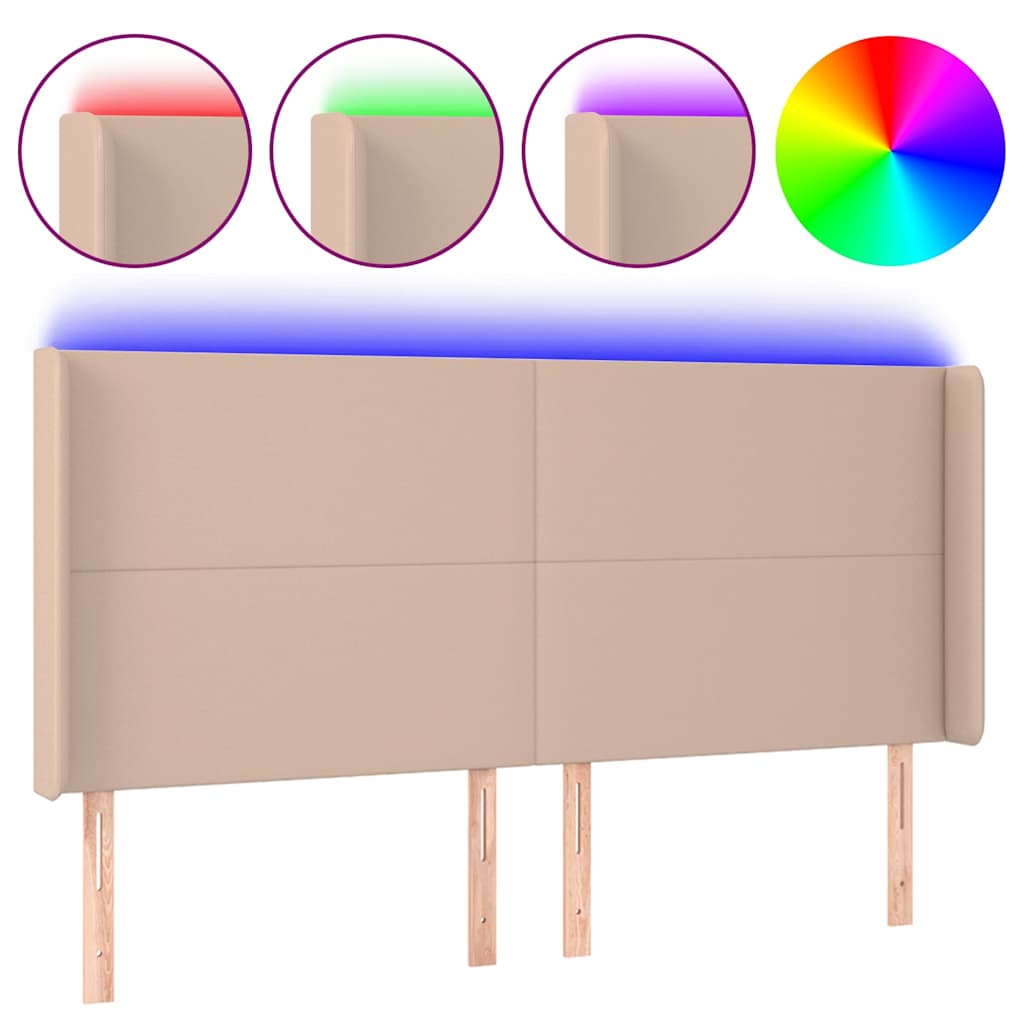 vidaXL Zagłówek do łóżka z LED, cappuccino, 163x16x118/128cm, ekoskóra