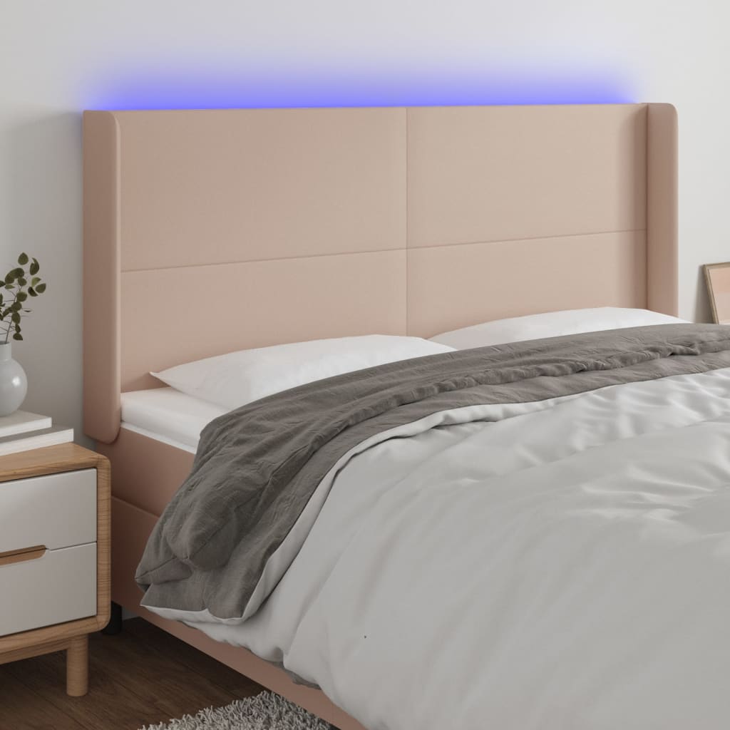 vidaXL Zagłówek do łóżka z LED, cappuccino, 183x16x118/128cm, ekoskóra