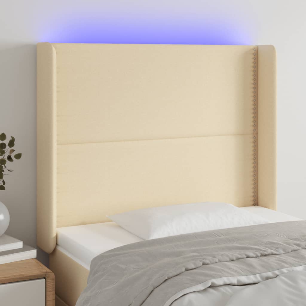 vidaXL Zagłówek do łóżka z LED, kremowy, 103x16x118/128 cm, tkanina