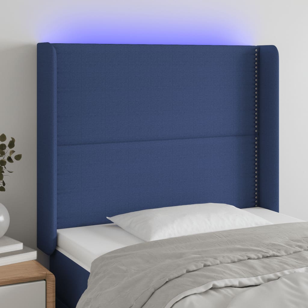 vidaXL Zagłówek do łóżka z LED, niebieski, 103x16x118/128 cm, tkanina