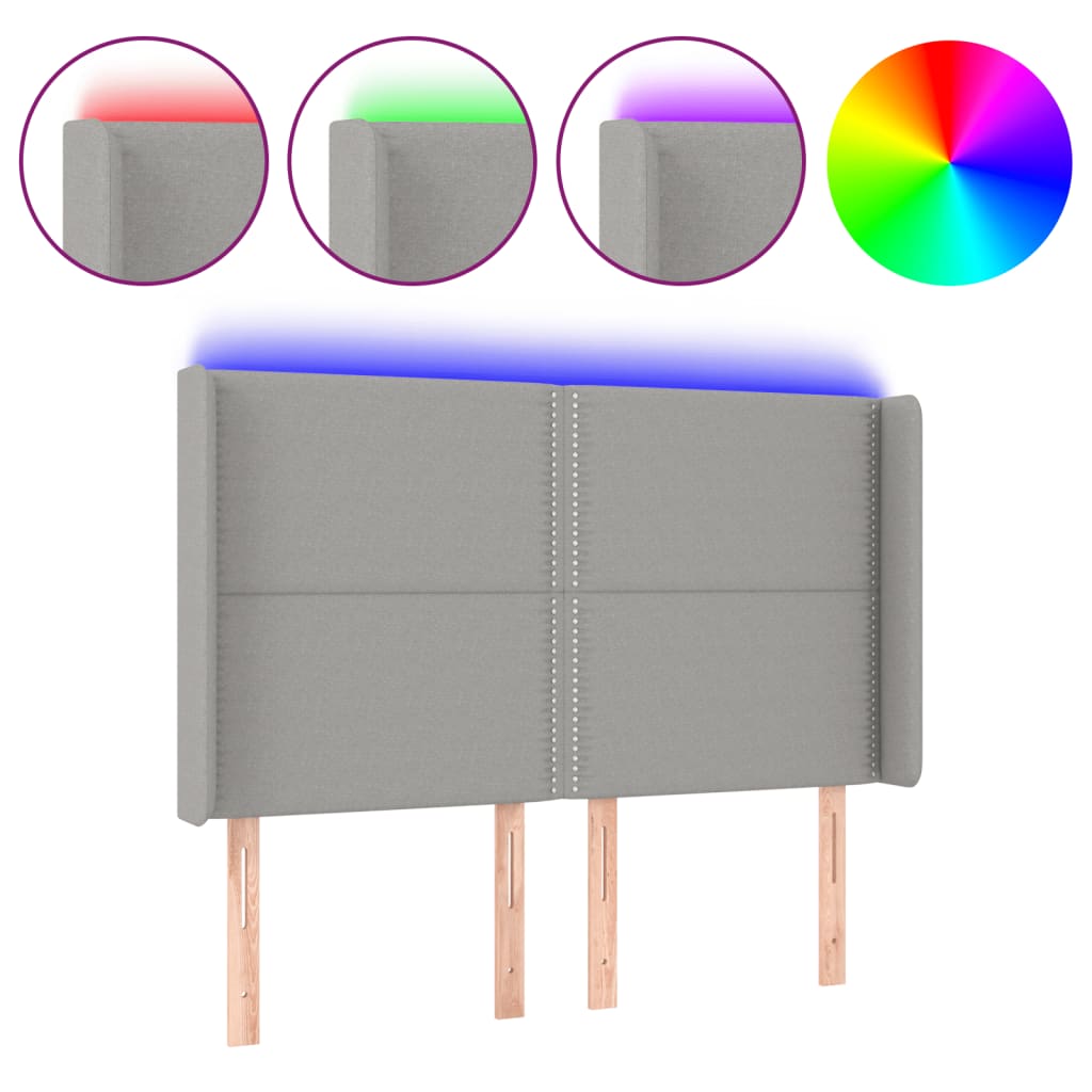 vidaXL Zagłówek do łóżka z LED, jasnoszary, 147x16x118/128 cm, tkanina