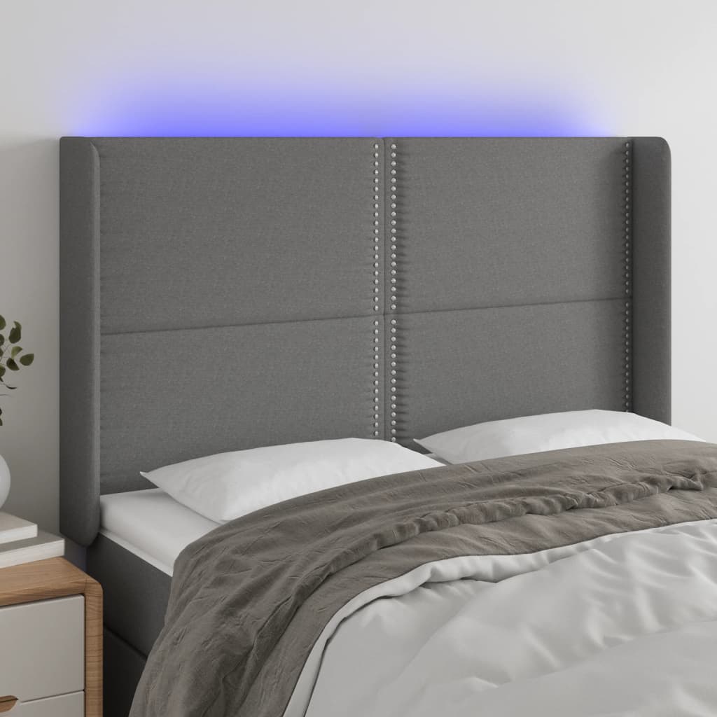 vidaXL Zagłówek do łóżka z LED, ciemnoszary, 147x16x118/128cm, tkanina