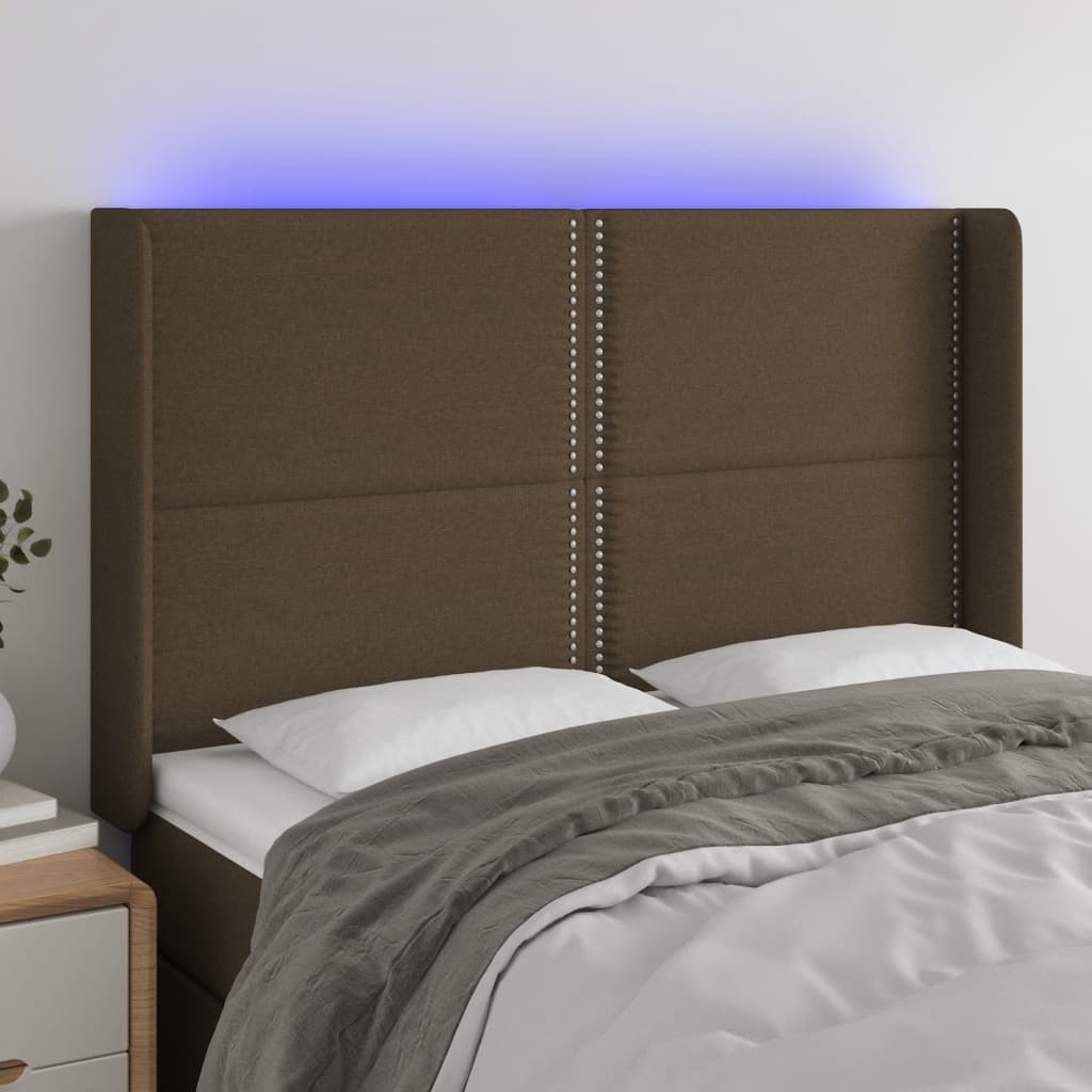 vidaXL Zagłówek do łóżka z LED ciemnobrązowy 147x16x118/128 cm tkanina