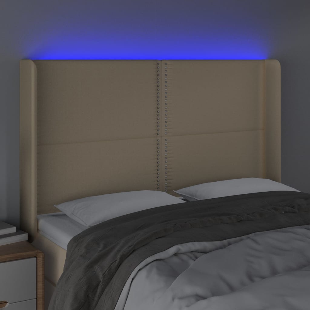 vidaXL Zagłówek do łóżka z LED, kremowy, 147x16x118/128 cm, tkanina