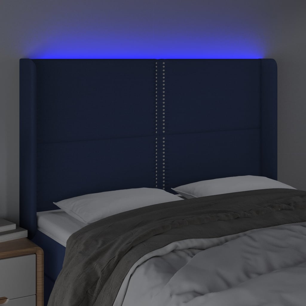 vidaXL Zagłówek do łóżka z LED, niebieski, 147x16x118/128 cm, tkanina