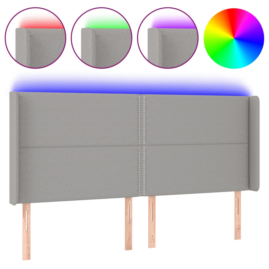vidaXL Zagłówek do łóżka z LED, jasnoszary, 183x16x118/128 cm, tkanina