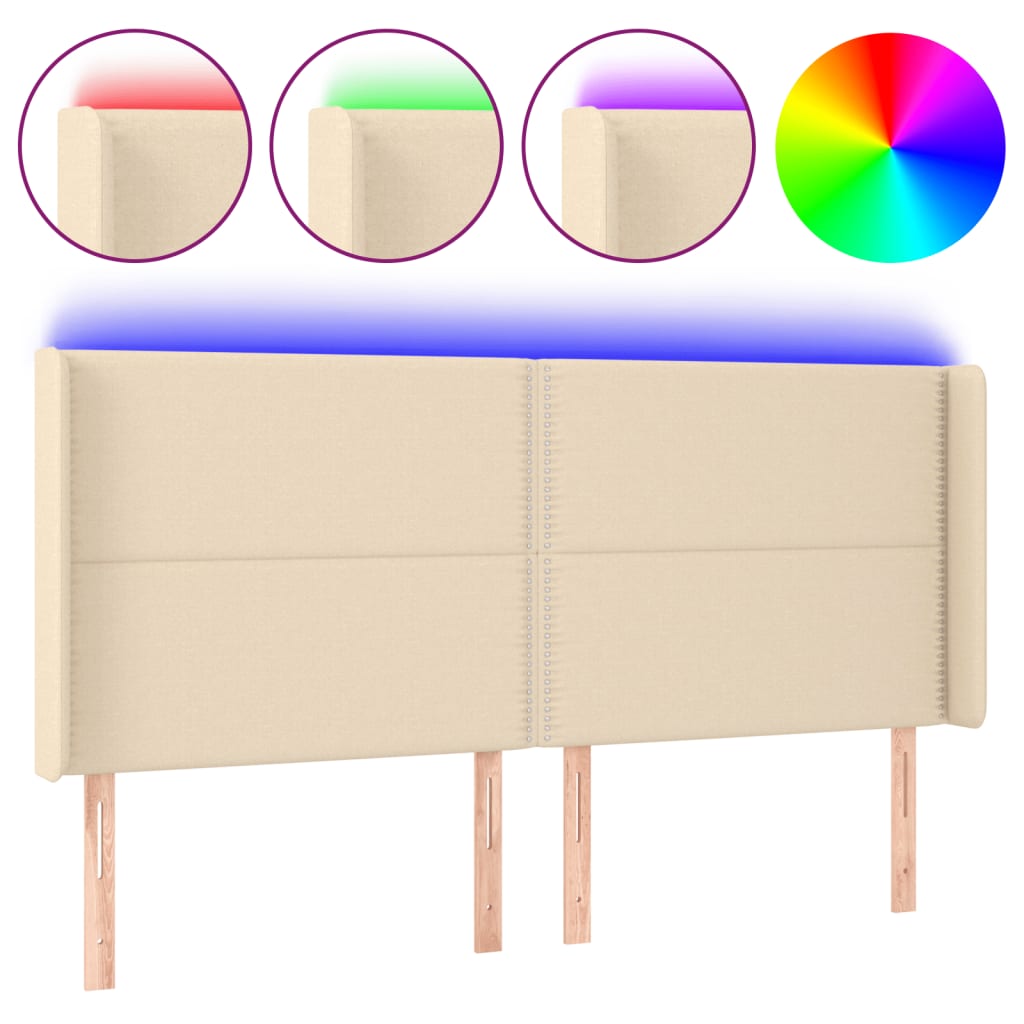 vidaXL Zagłówek do łóżka z LED, kremowy, 183x16x118/128 cm, tkanina