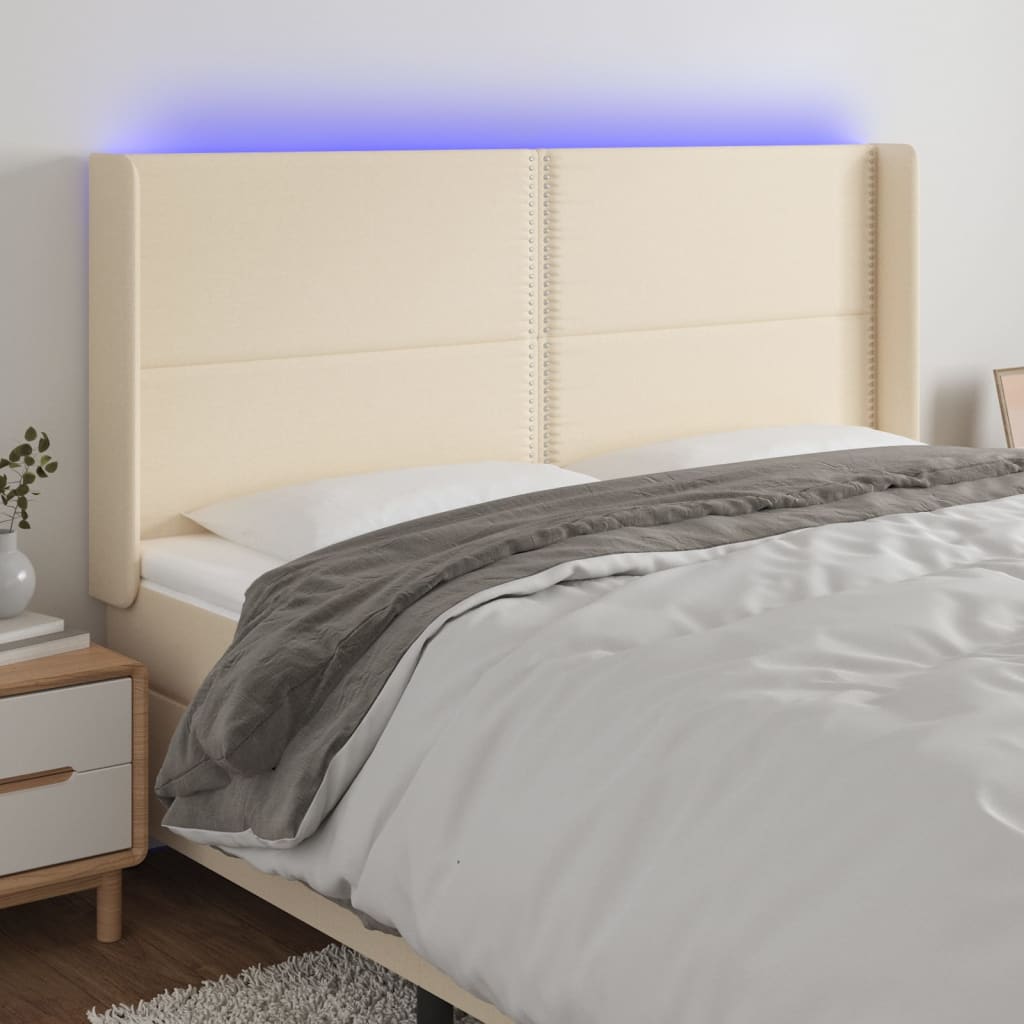 vidaXL Zagłówek do łóżka z LED, kremowy, 183x16x118/128 cm, tkanina