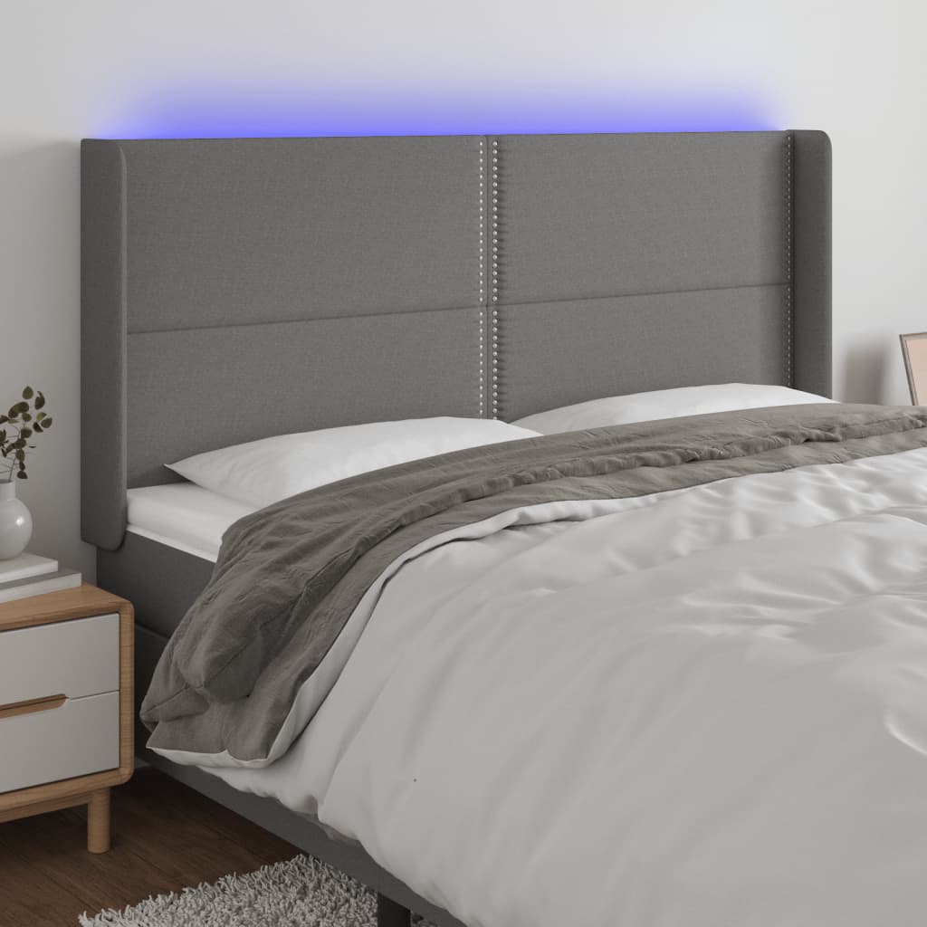 vidaXL Zagłówek do łóżka z LED, ciemnoszary, 203x16x118/128cm, tkanina