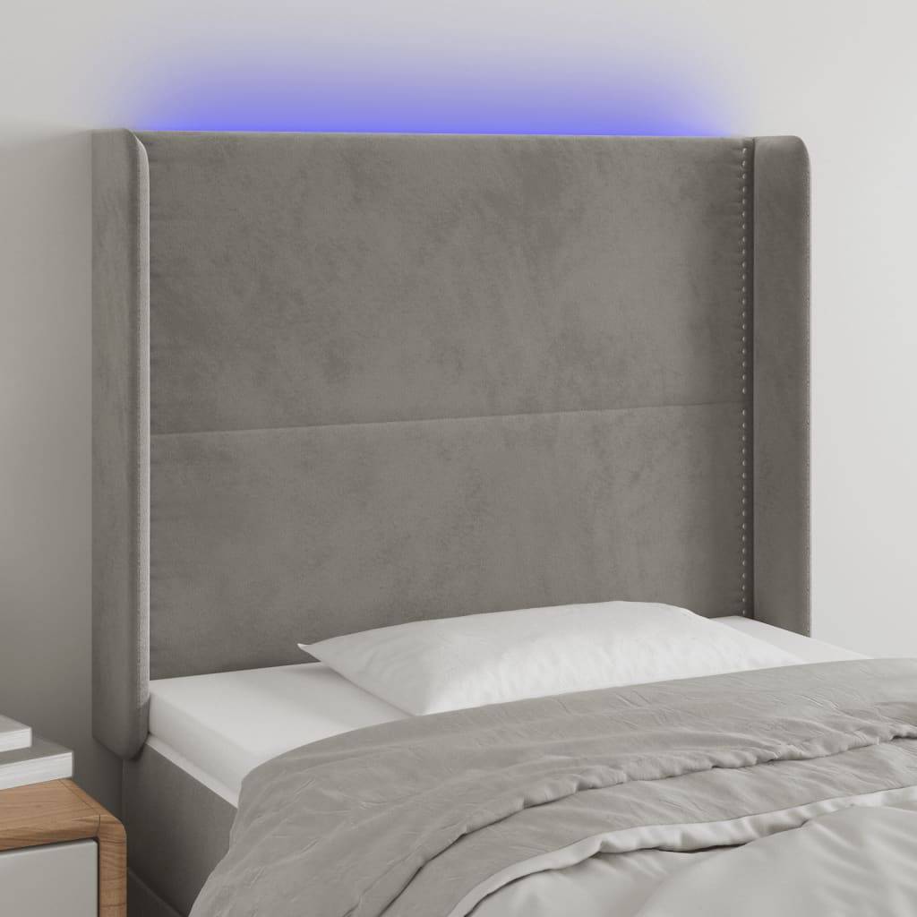 vidaXL Zagłówek do łóżka z LED, jasnoszary, 103x16x118/128 cm, aksamit