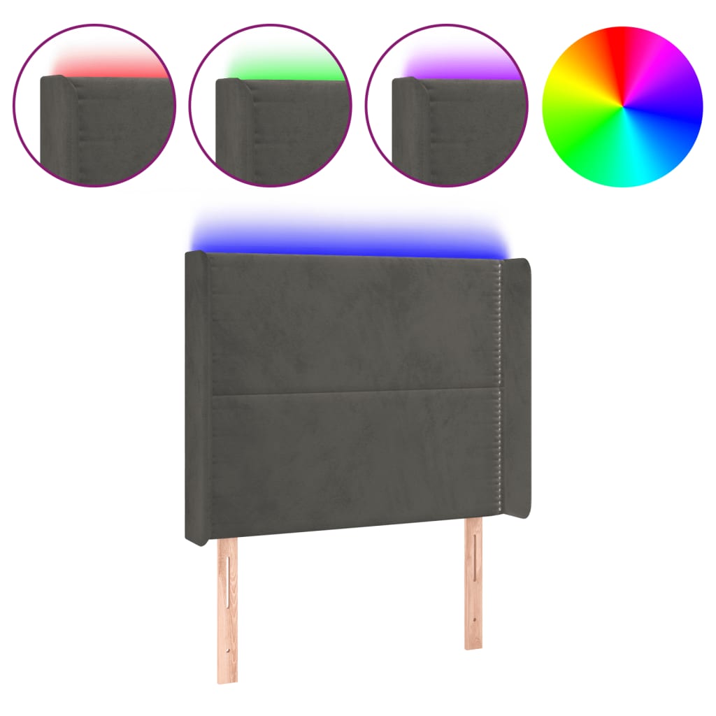 vidaXL Zagłówek do łóżka z LED, ciemnoszary, 103x16x118/128cm, aksamit